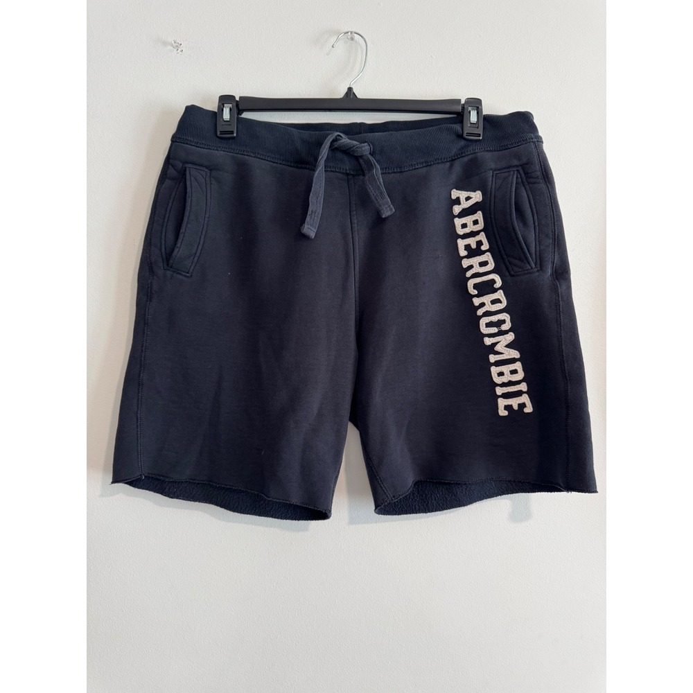 Abercrombie & Fitch Logo Fleece Shorts Mens Large Black Raw Hem Drawstring